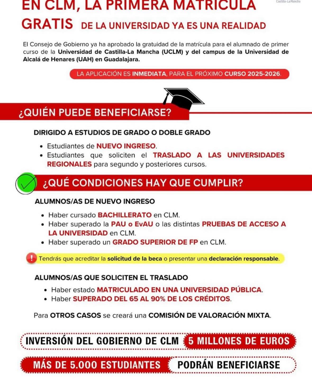 🏫 A partir del próximo curso, la primera matrícula universitaria será GRATUITA en Castilla-La Mancha.